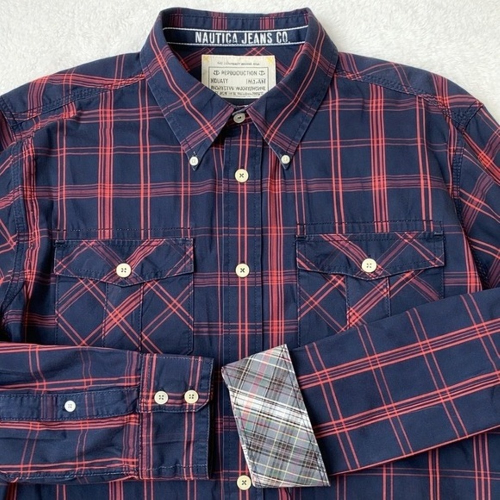 Nautica Jeans Co. Americana Plaid Shirt Men‎ XL Navy Red Button Down Flip Cuffs